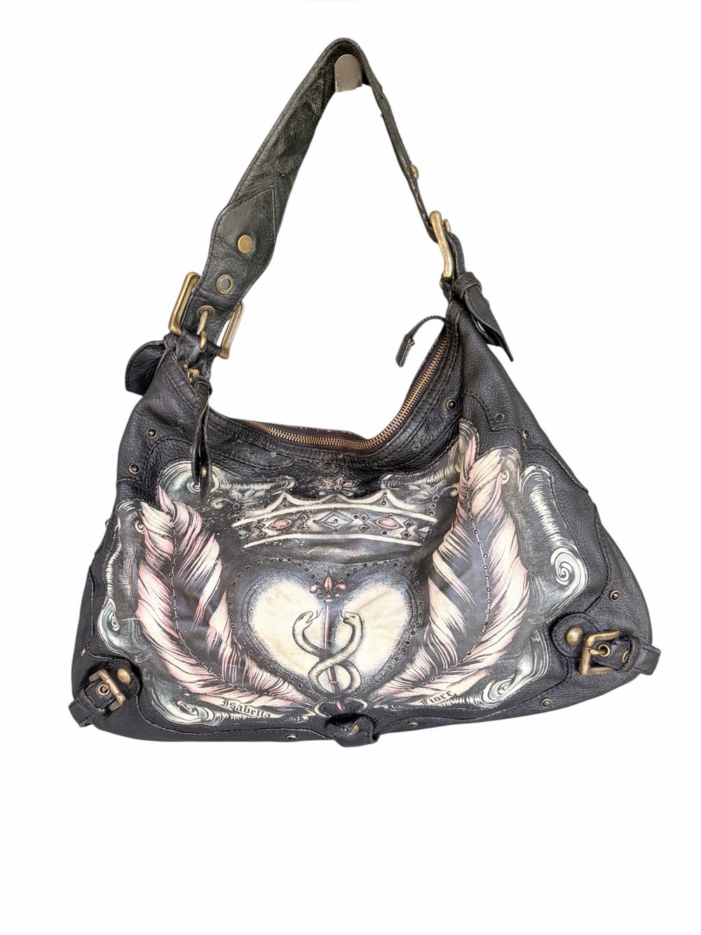 Vintage Isabella Fiore Black Leather Tattoo Hobo Bag Y2K AS-IS